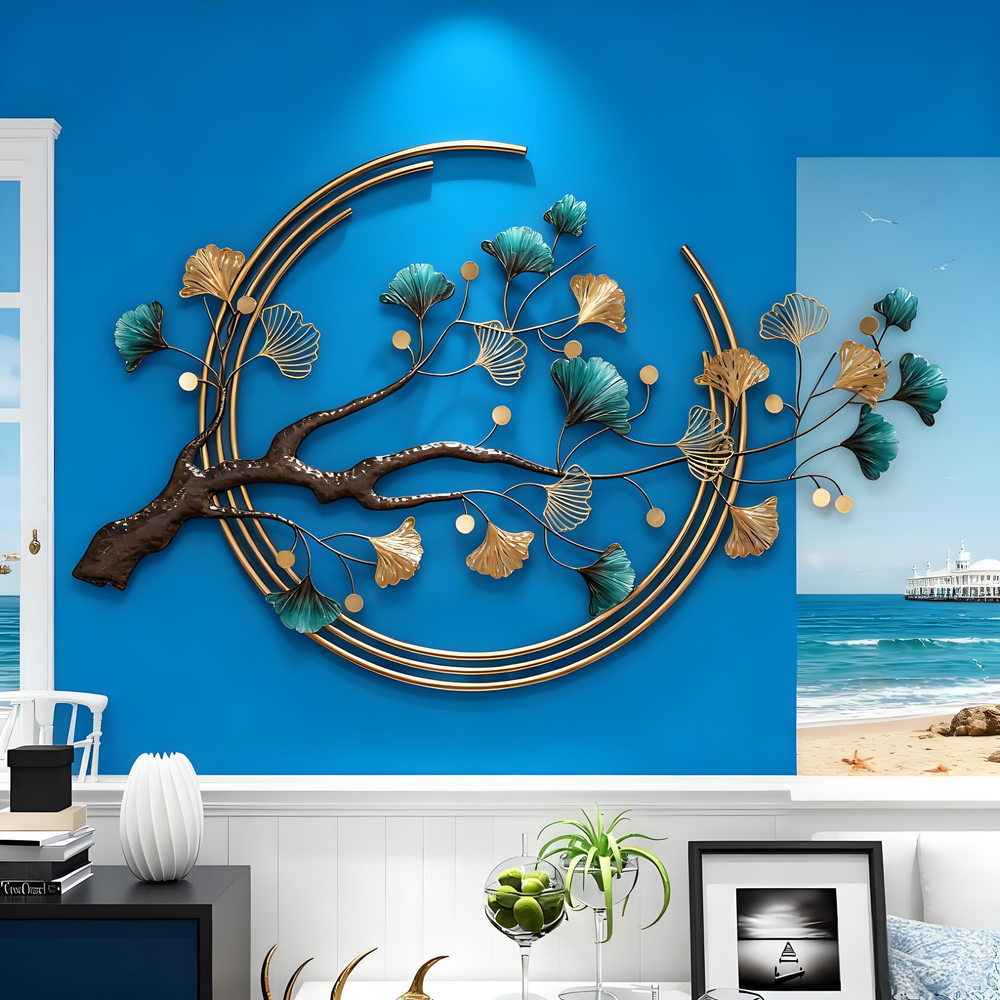 Large ginkgo leaf metal wall art showing dimensional layered leaves and mottled texture