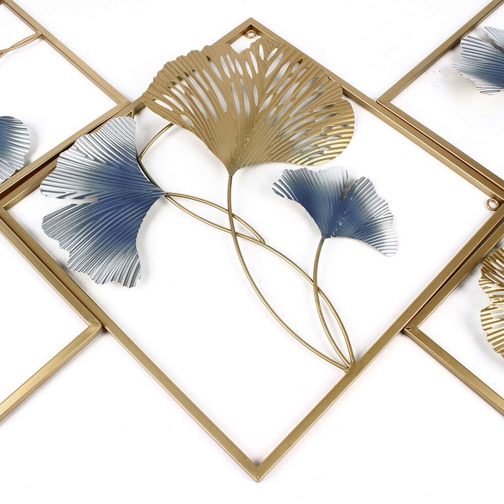 3D Ginkgo Leaf Metal Wall Art | Gold & Blue Set of 3