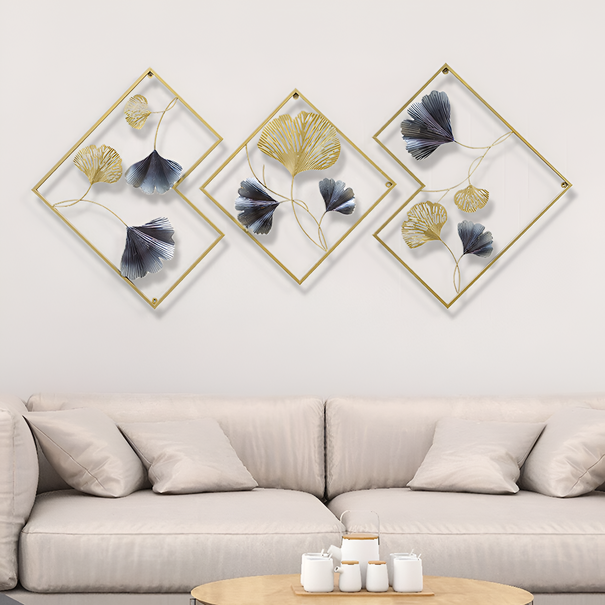 3D Ginkgo Leaf Metal Wall Art | Gold & Blue Set of 3