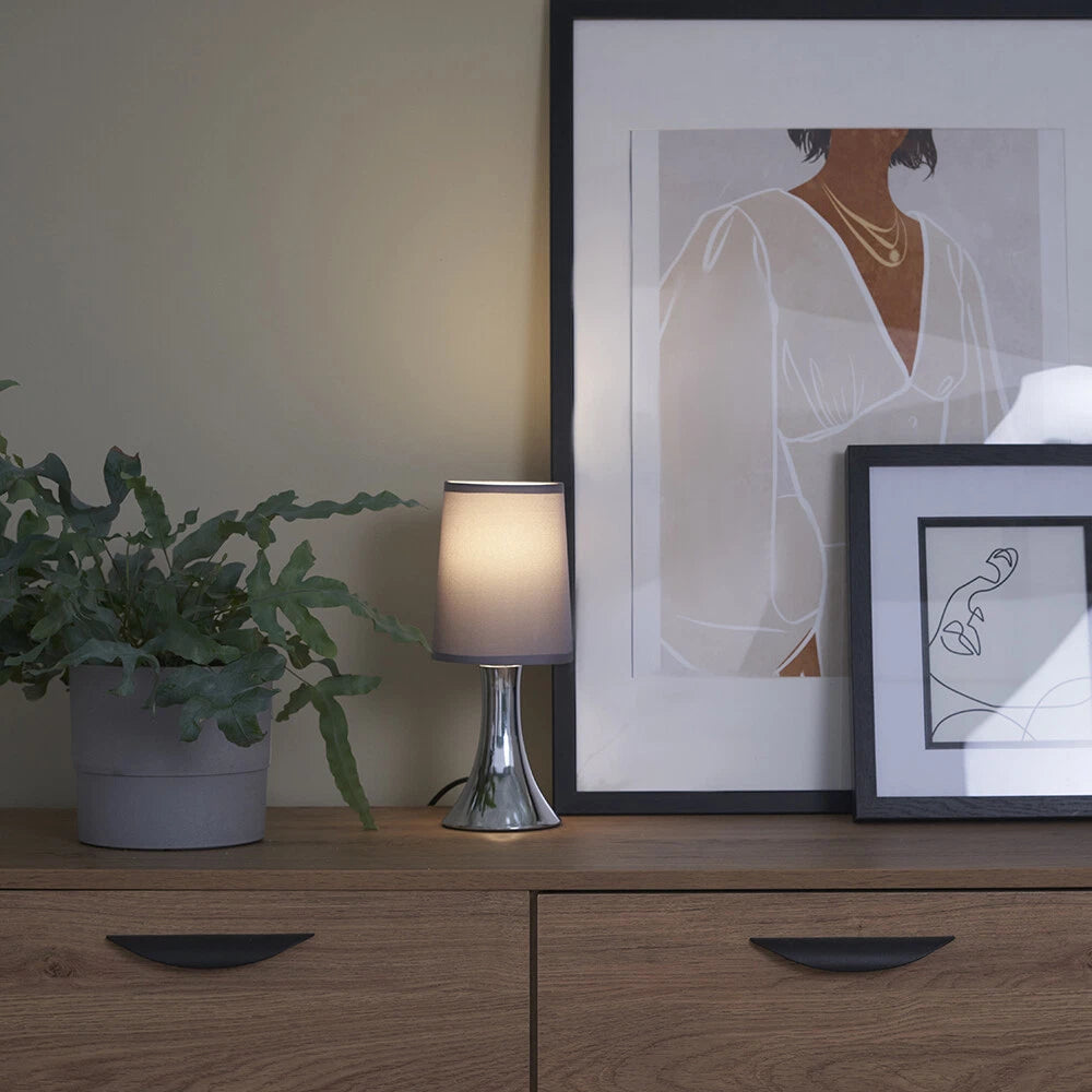 Chrome Touch Table Lamp 31cm - Dimmable Bedside Light with Fabric Shade