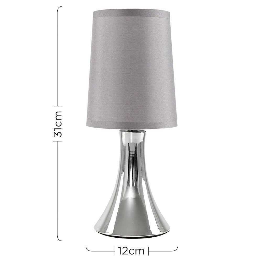 Chrome Touch Table Lamp 31cm - Dimmable Bedside Light with Fabric Shade