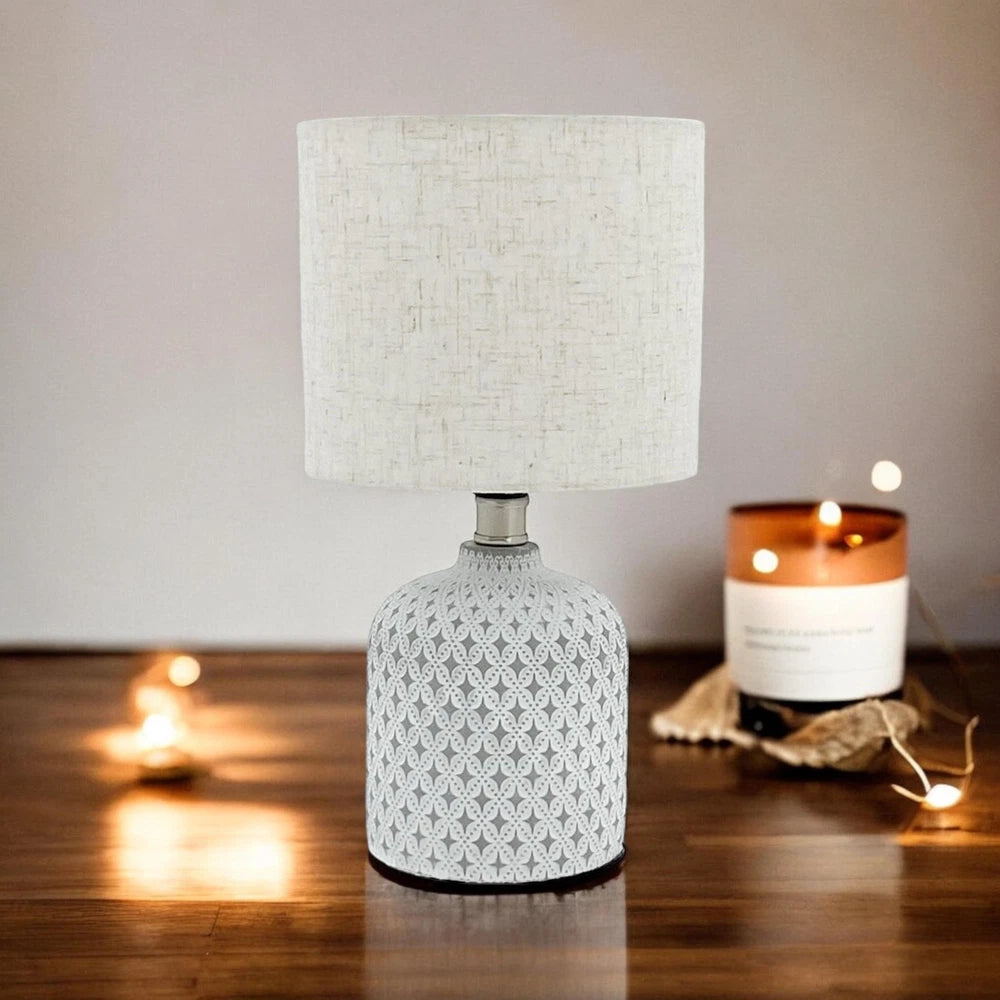 Cream Cement Table Lamp with Fabric Shade - Modern Bedside Light