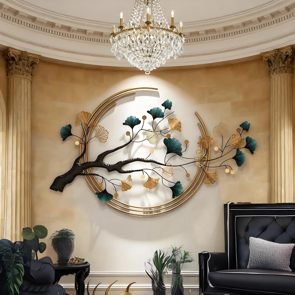 Ginkgo leaf metal wall sculpture showing light and shadow play on textured surface
