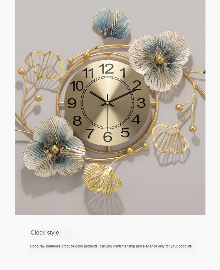 3D Metal Ginkgo Leaf Wall Clock - 83cm Decorative Wall Art Sculpture