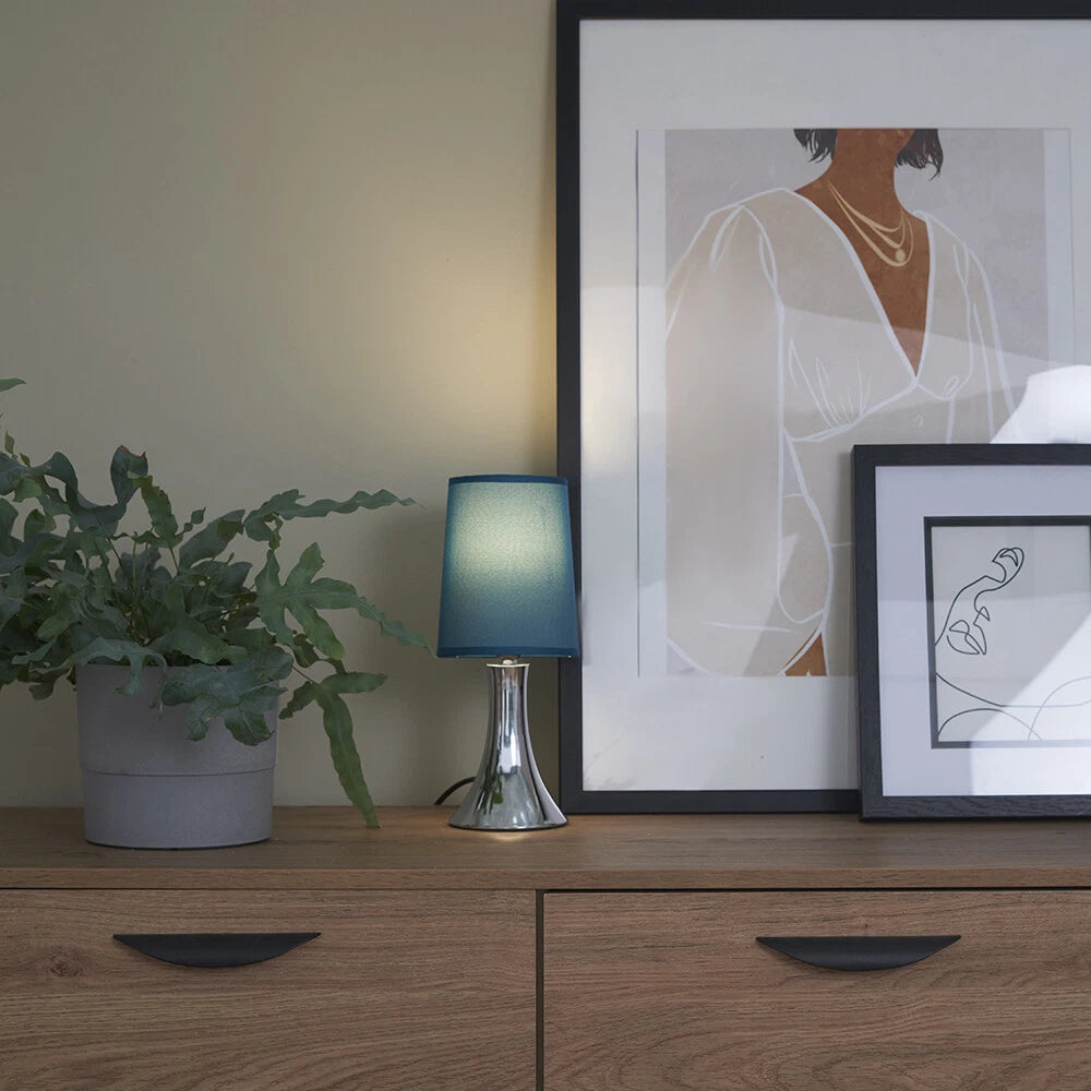 Chrome Touch Table Lamp 31cm - Dimmable Bedside Light with Fabric Shade