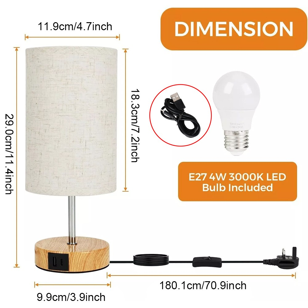 Touch Control Bedside Lamp with USB Charging Ports - Dimmable LED Light