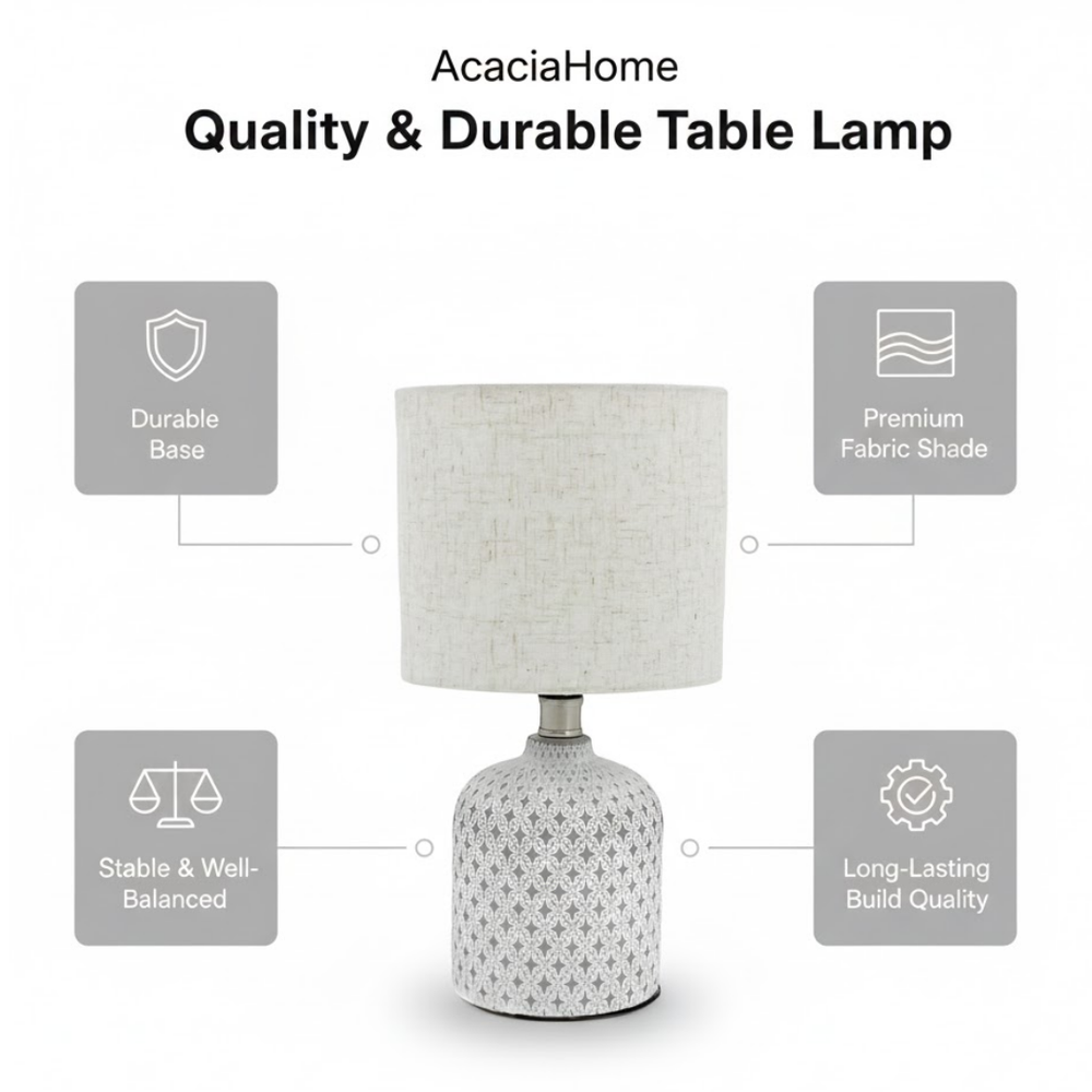 Cream Cement Table Lamp with Fabric Shade - Modern Bedside Light