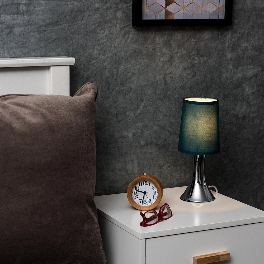 Chrome Touch Table Lamp 31cm - Dimmable Bedside Light with Fabric Shade