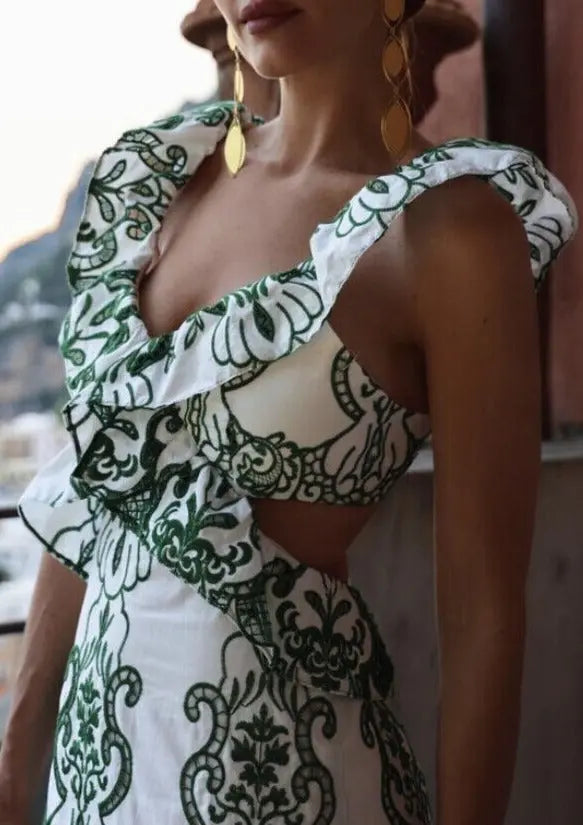 Patterned Maxi Dress with Ruffles & Back Cutout