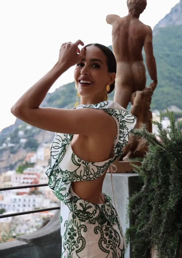 Patterned Maxi Dress with Ruffles & Back Cutout