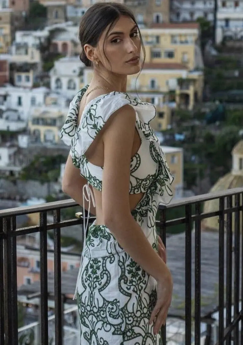 Patterned Maxi Dress with Ruffles & Back Cutout