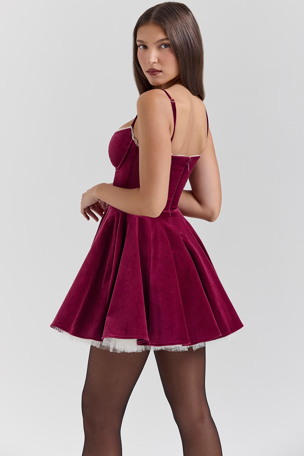 Velvet Mini Dress with Spaghetti Straps and Flared Skirt