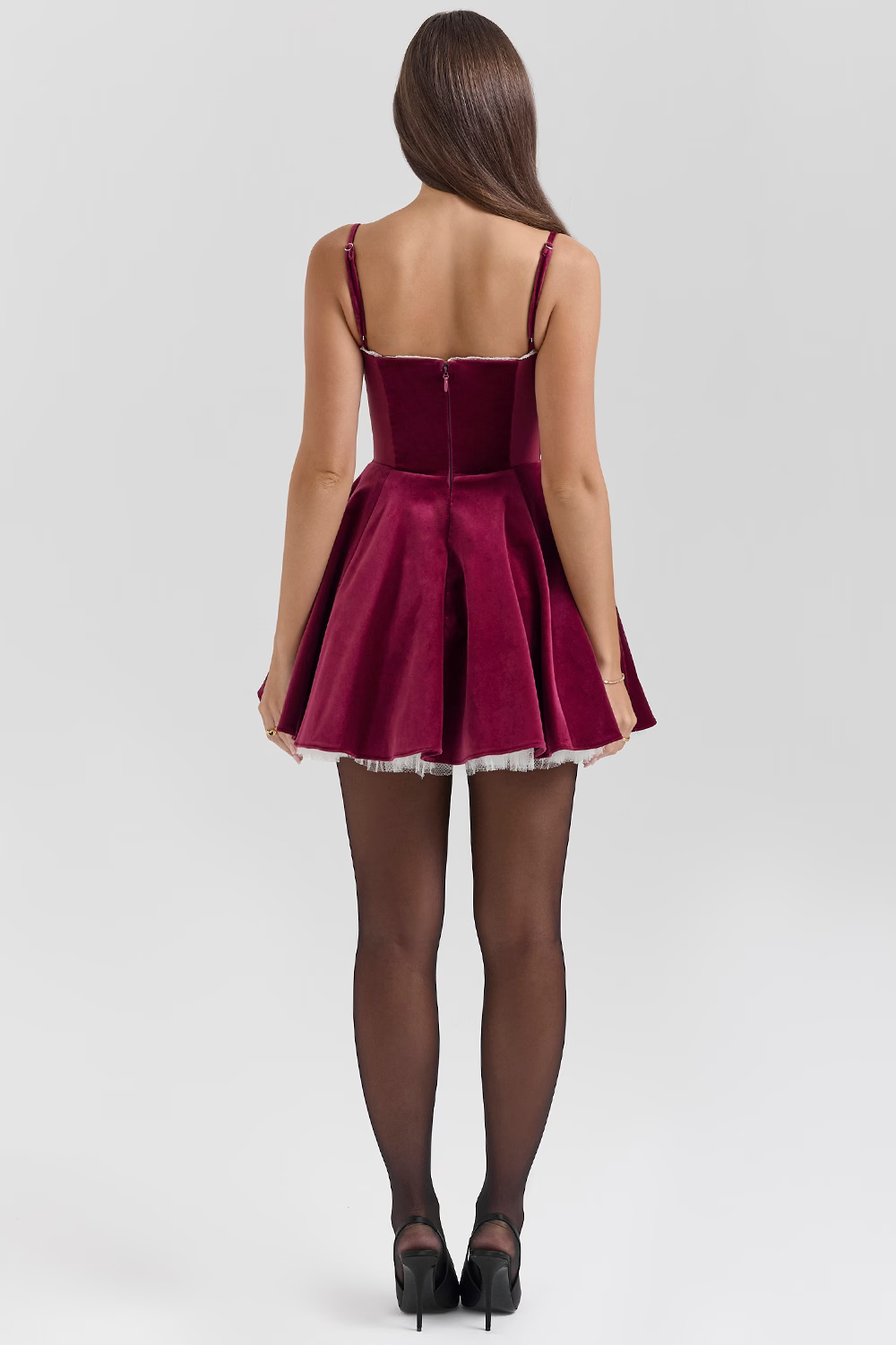 Velvet Mini Dress with Spaghetti Straps and Flared Skirt
