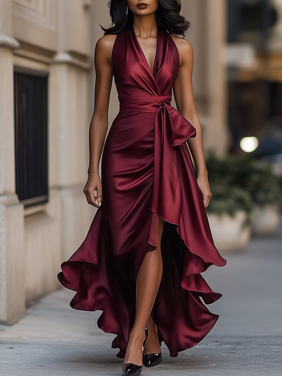 Women’s Satin Halter Evening Dress – Ruffle High-Low Hem
