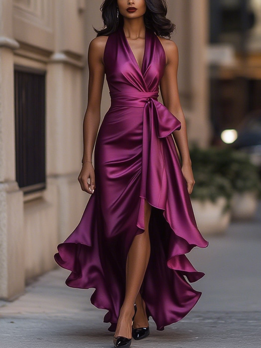 Women’s Satin Halter Evening Dress – Ruffle High-Low Hem