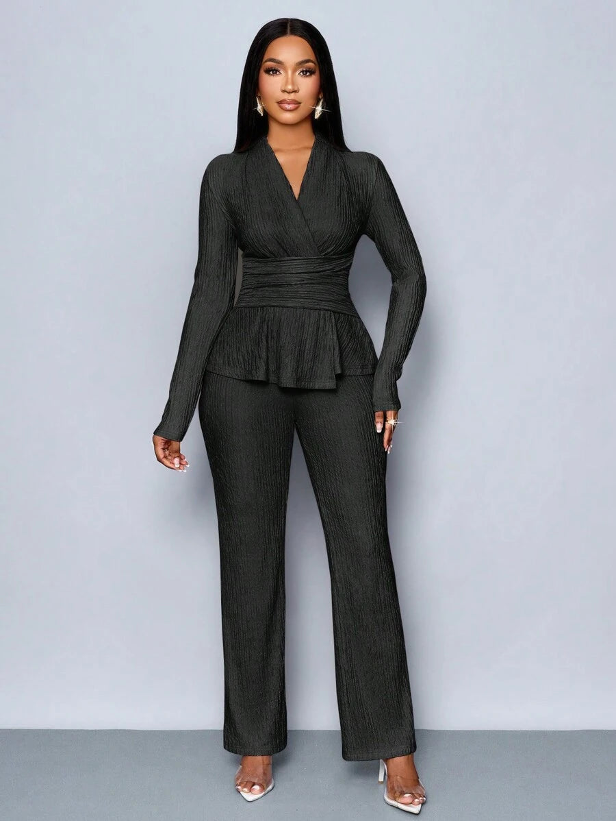 Women’s V-Neck Long Sleeve Top and Wide Leg Pants Set
