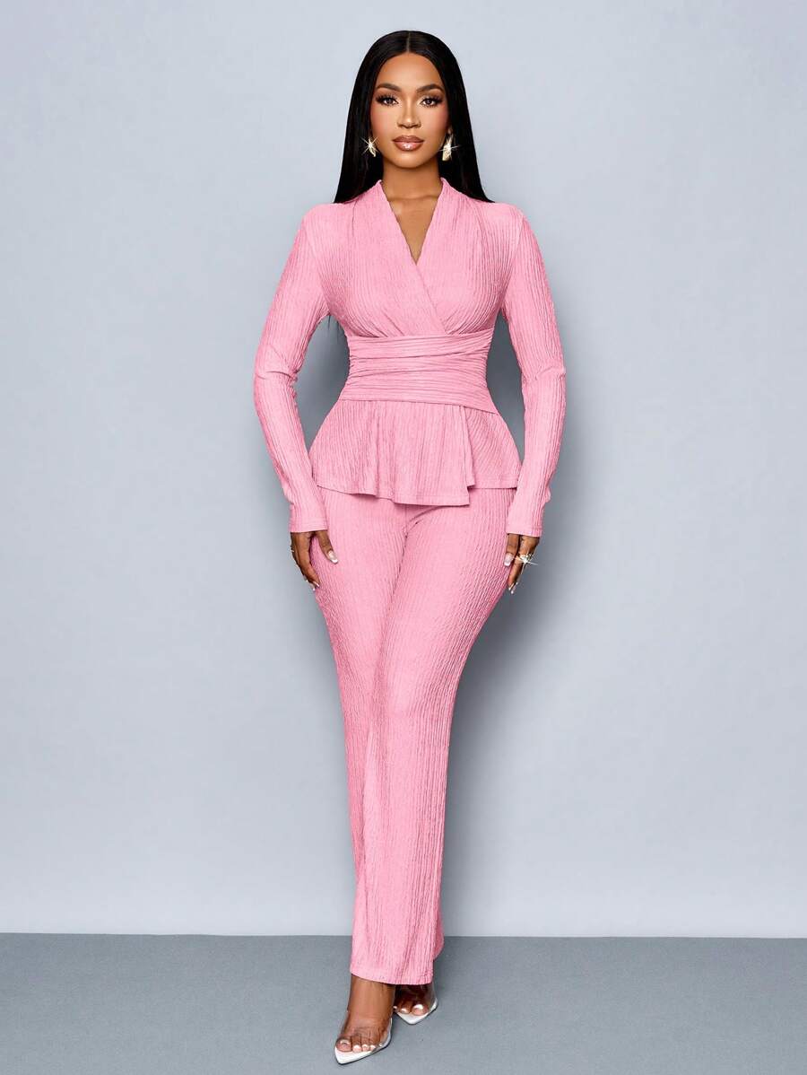 Women’s V-Neck Long Sleeve Top and Wide Leg Pants Set