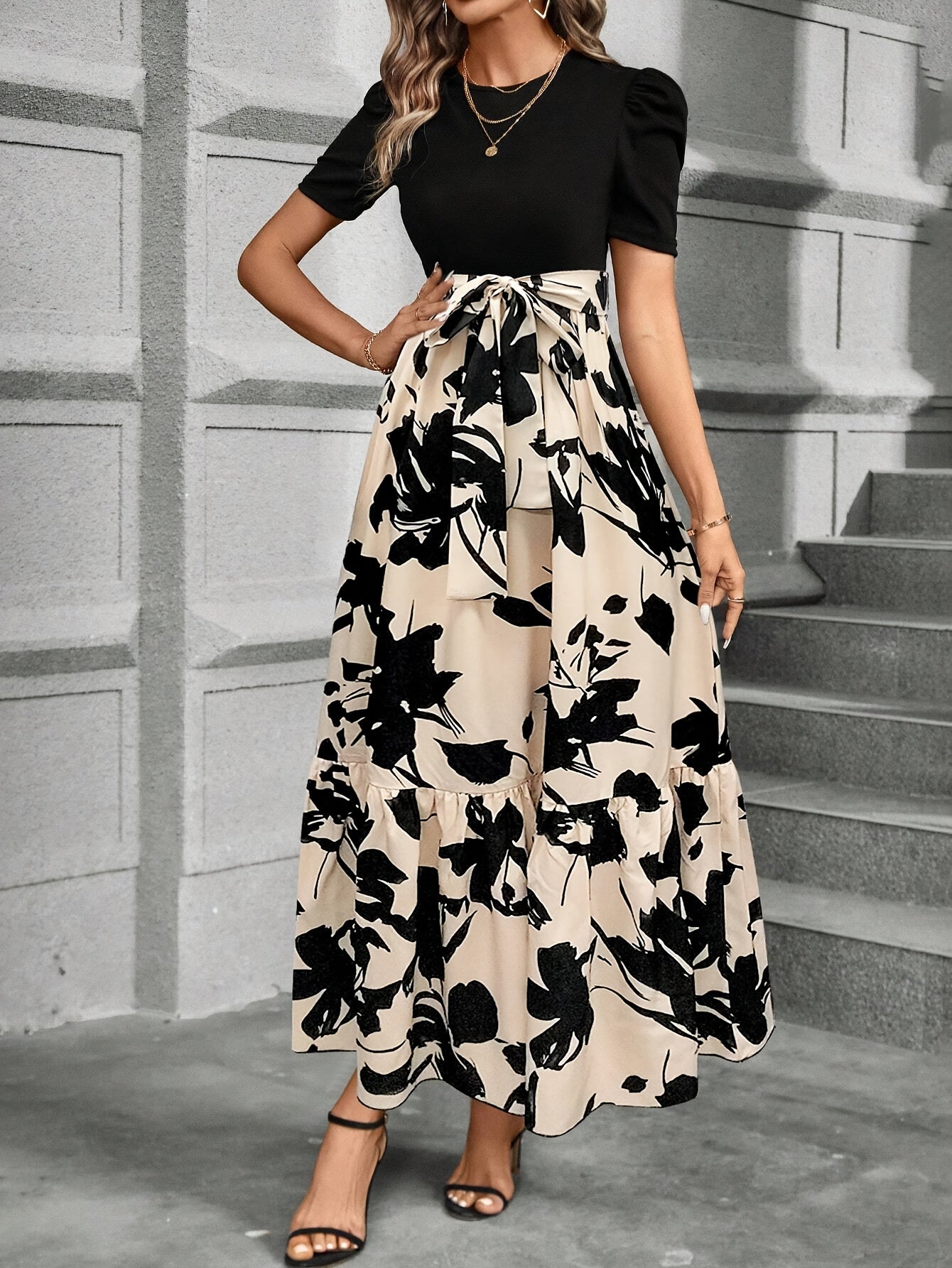 Women’s Printed Midi Dress with Belt – Crew Neck, Short Sleeve