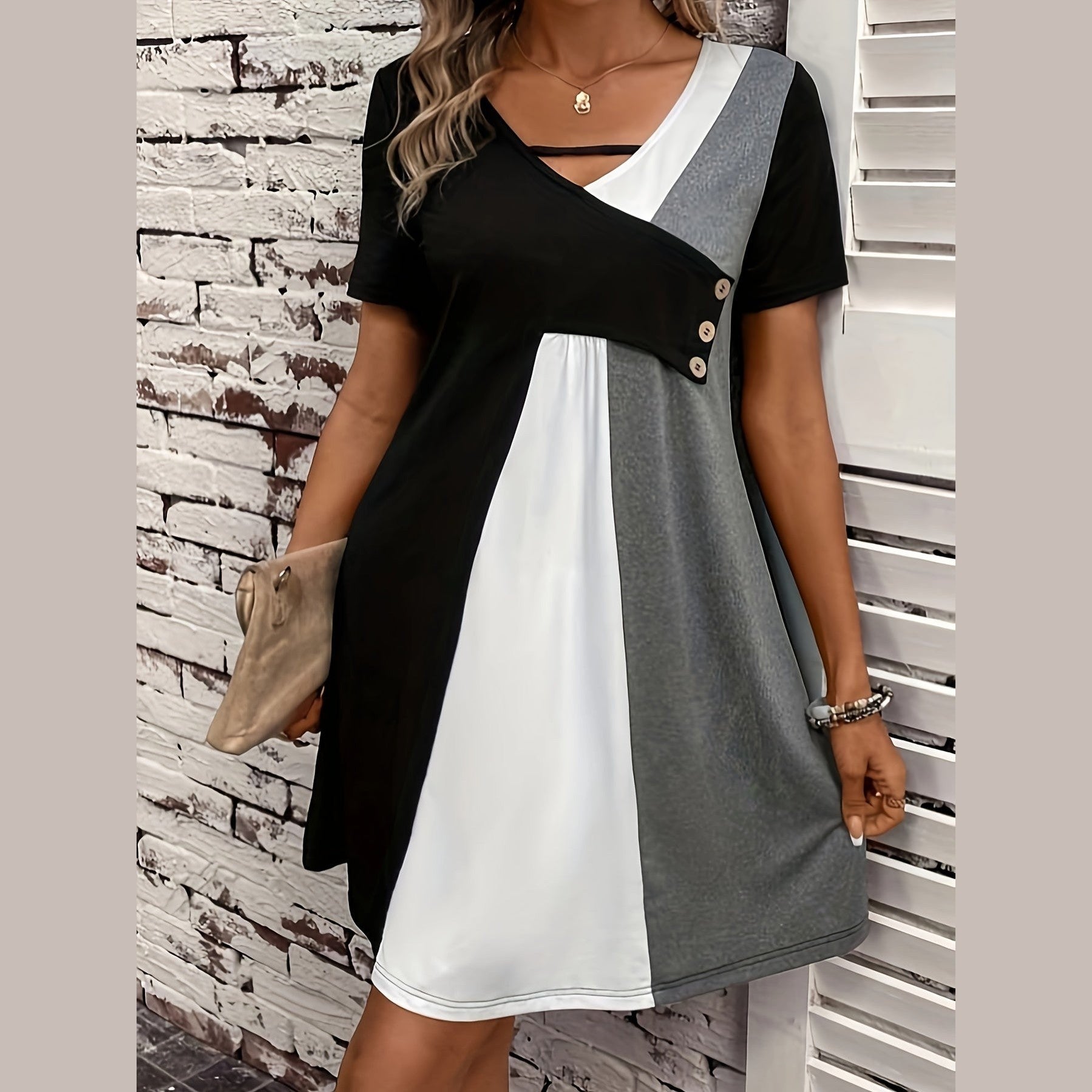 Women’s V-Neck Colour-Block Button Dress – Short Sleeve