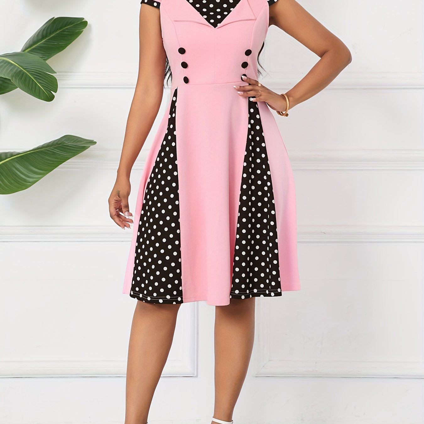 Women’s Polka Dot A-Line Dress – Square Neck with Decorative Buttons