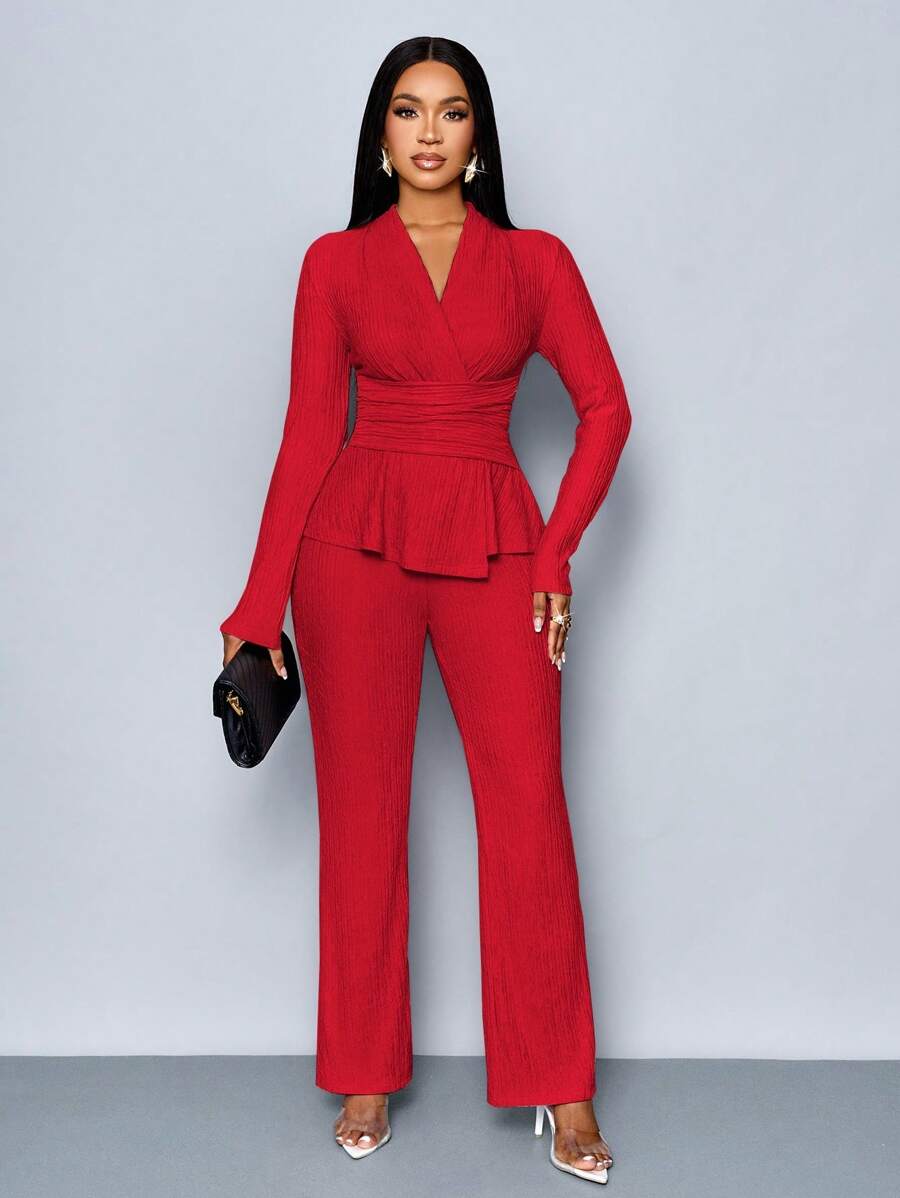 Women’s V-Neck Long Sleeve Top and Wide Leg Pants Set