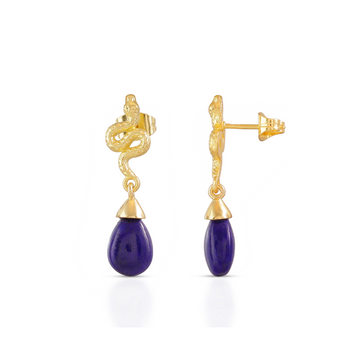 Medusa lapis lazuli drop earrings in 22k gold plated brass with blue gemstone detail