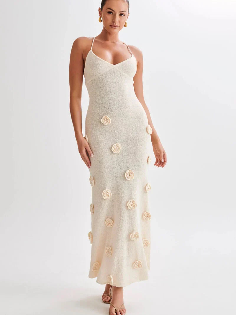 Spaghetti Strap Maxi Dress with 3D Flower Appliqués