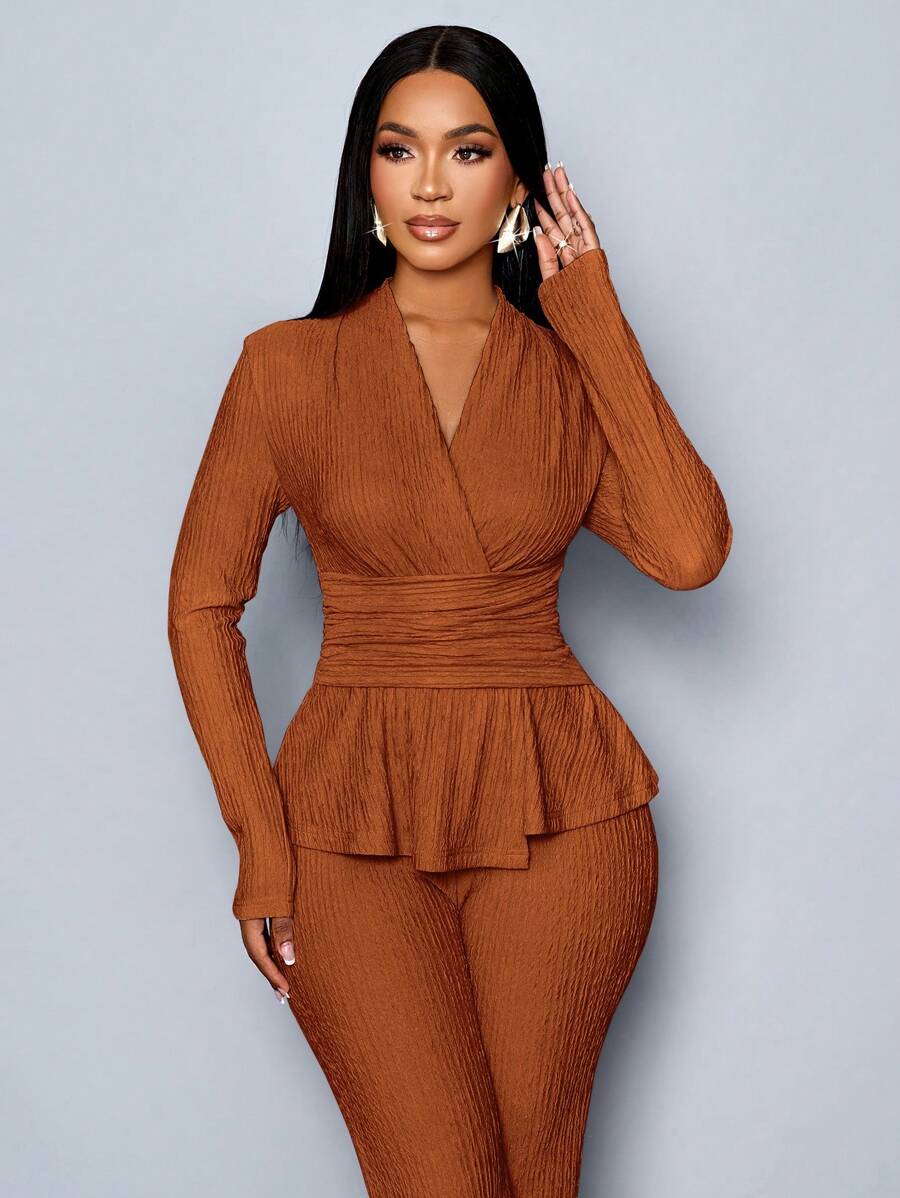 Women’s V-Neck Long Sleeve Top and Wide Leg Pants Set
