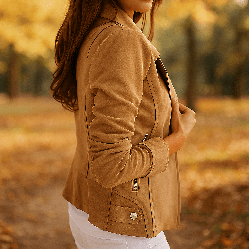 Women's Leather Jacket - Zipper & Button Design