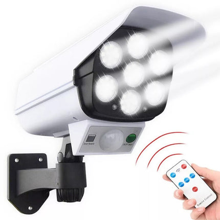 White 77 LED solar motion sensor wall light mounted outdoors with remote control – IP65 waterproof
