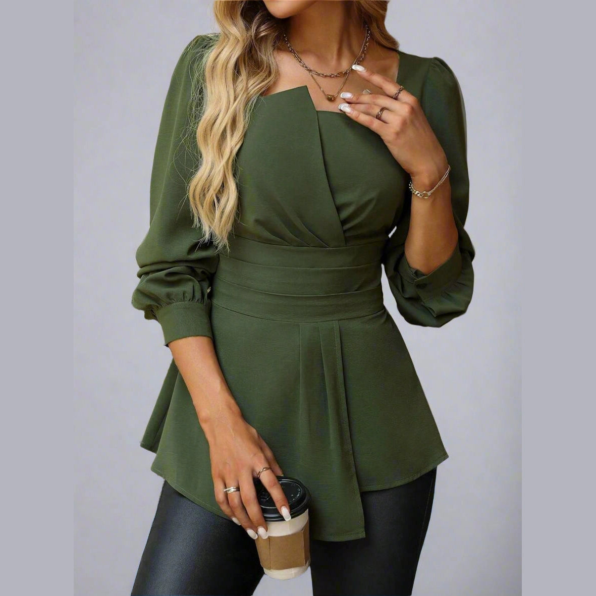 Women’s Asymmetrical Ruched Blouse – Long Sleeve