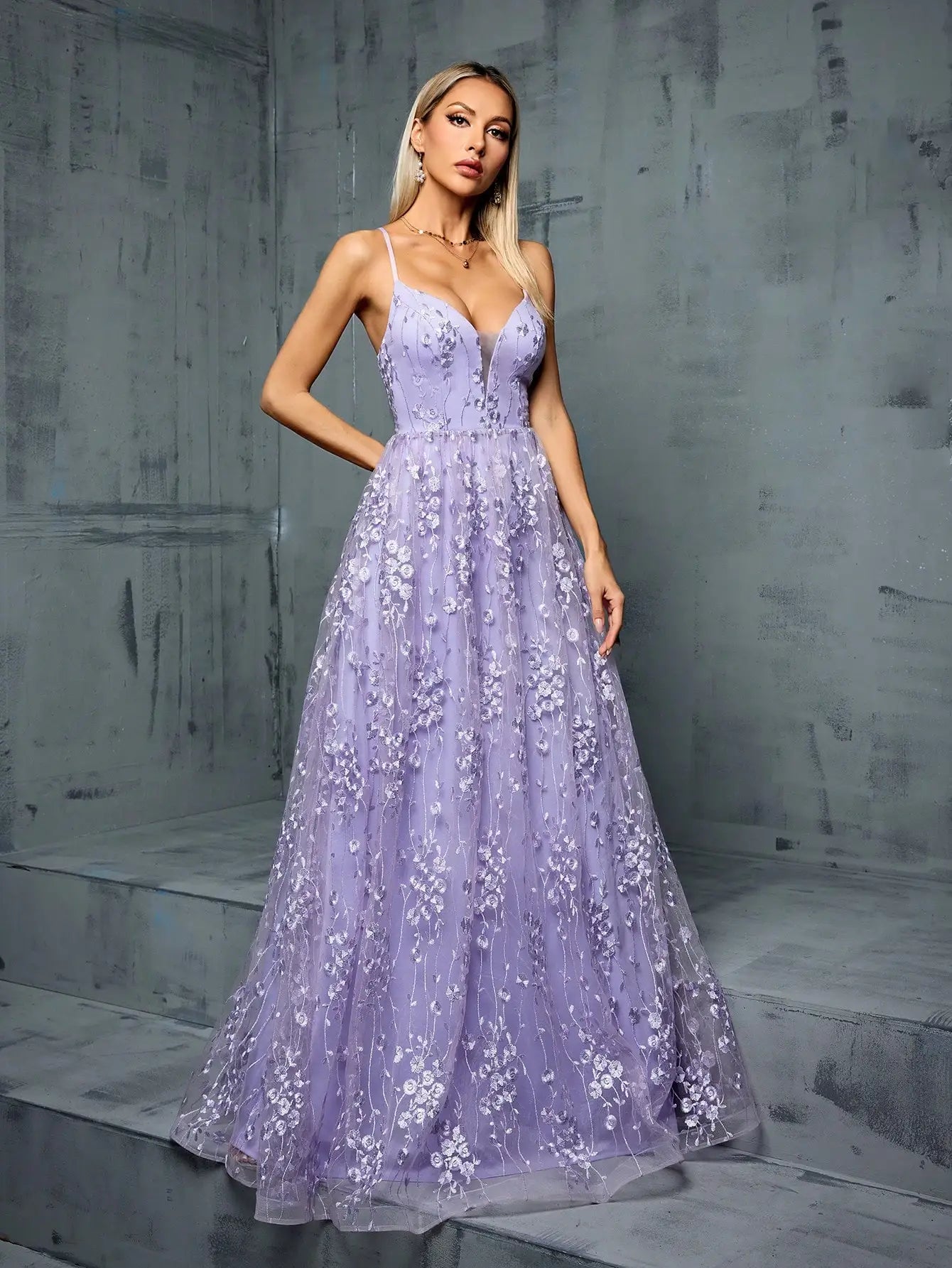 Lavender Embroidered Tulle Gown – Spaghetti Strap Prom Dress