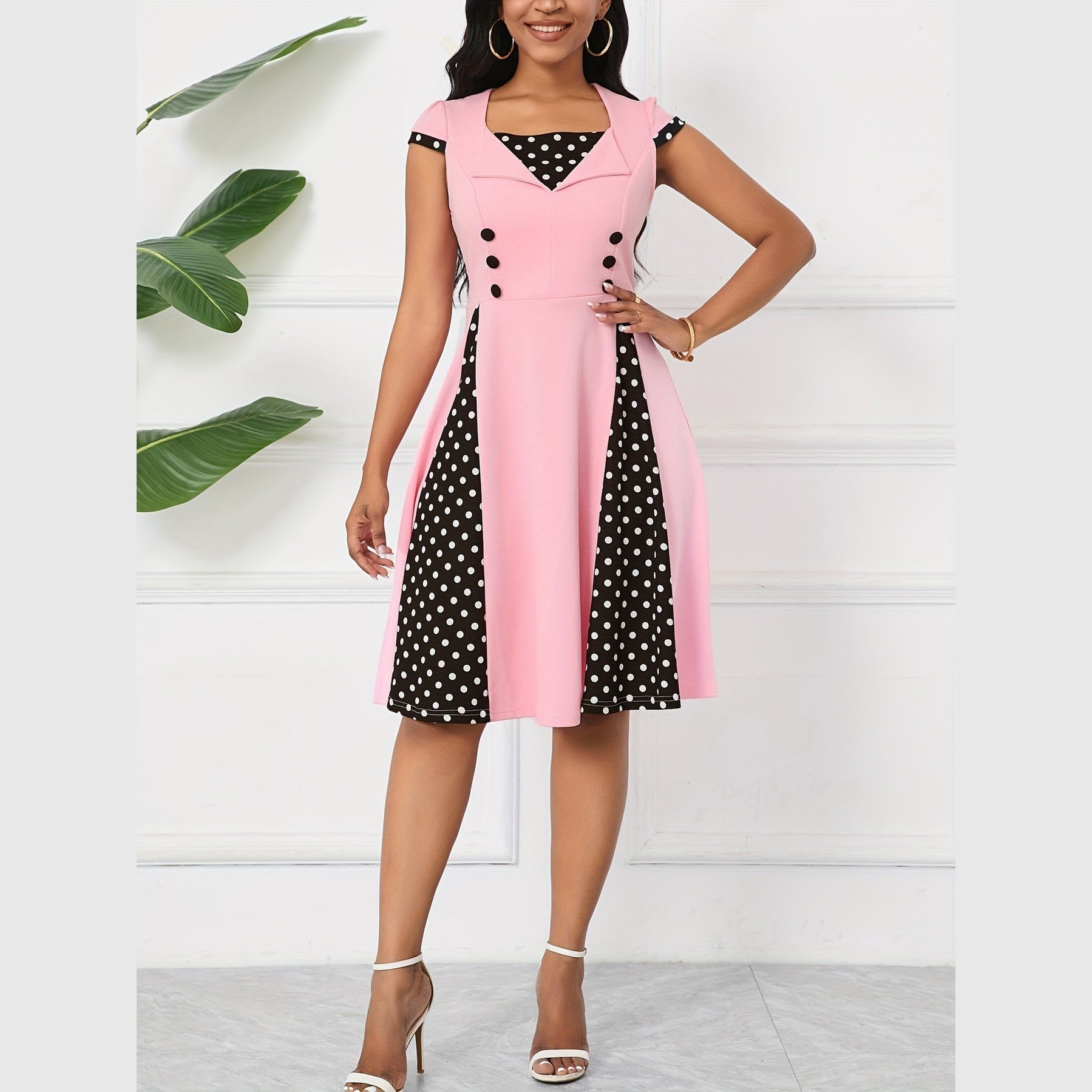 Women’s Polka Dot A-Line Dress – Square Neck with Decorative Buttons