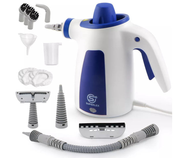 handheld steam cleaner with 10-in-1 accessories, compact and corded in white colour
