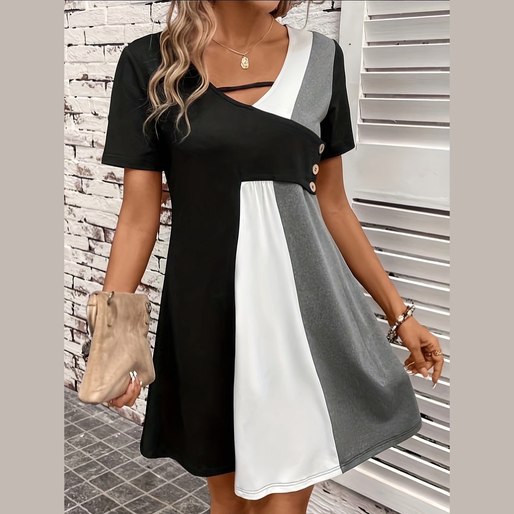 Women’s V-Neck Colour-Block Button Dress – Short Sleeve