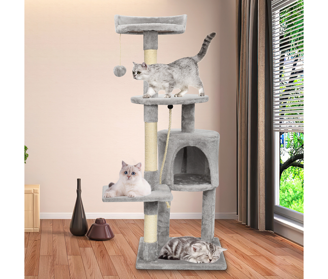 Elevated grey cat tower in living room

