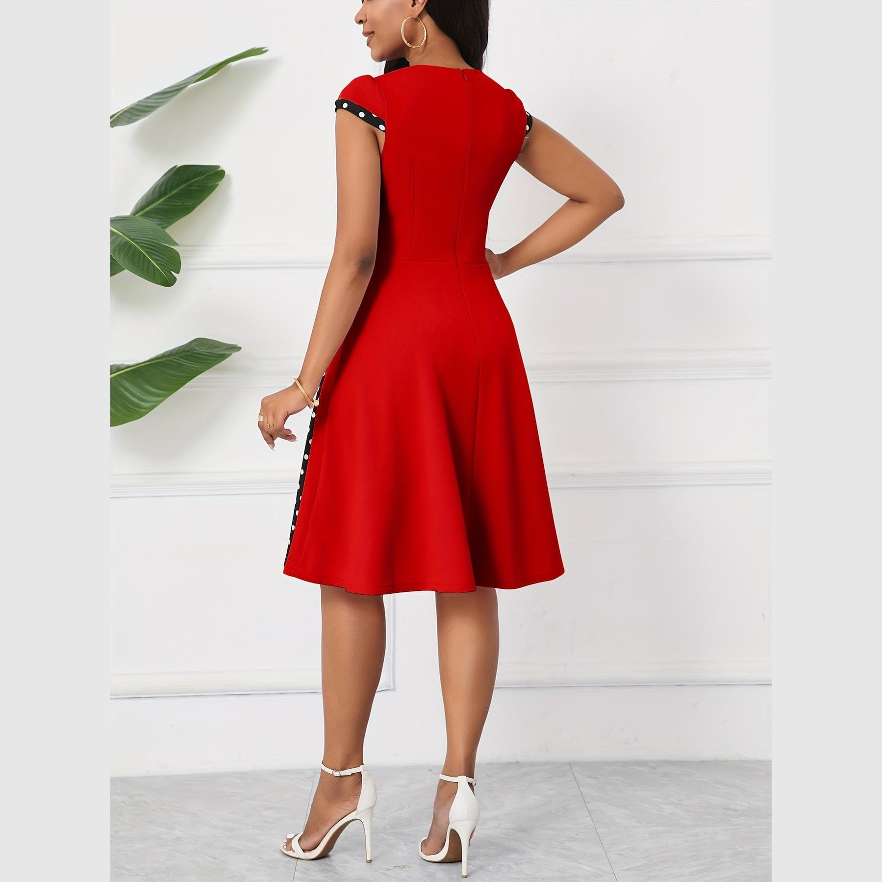 Women’s Polka Dot A-Line Dress – Square Neck with Decorative Buttons