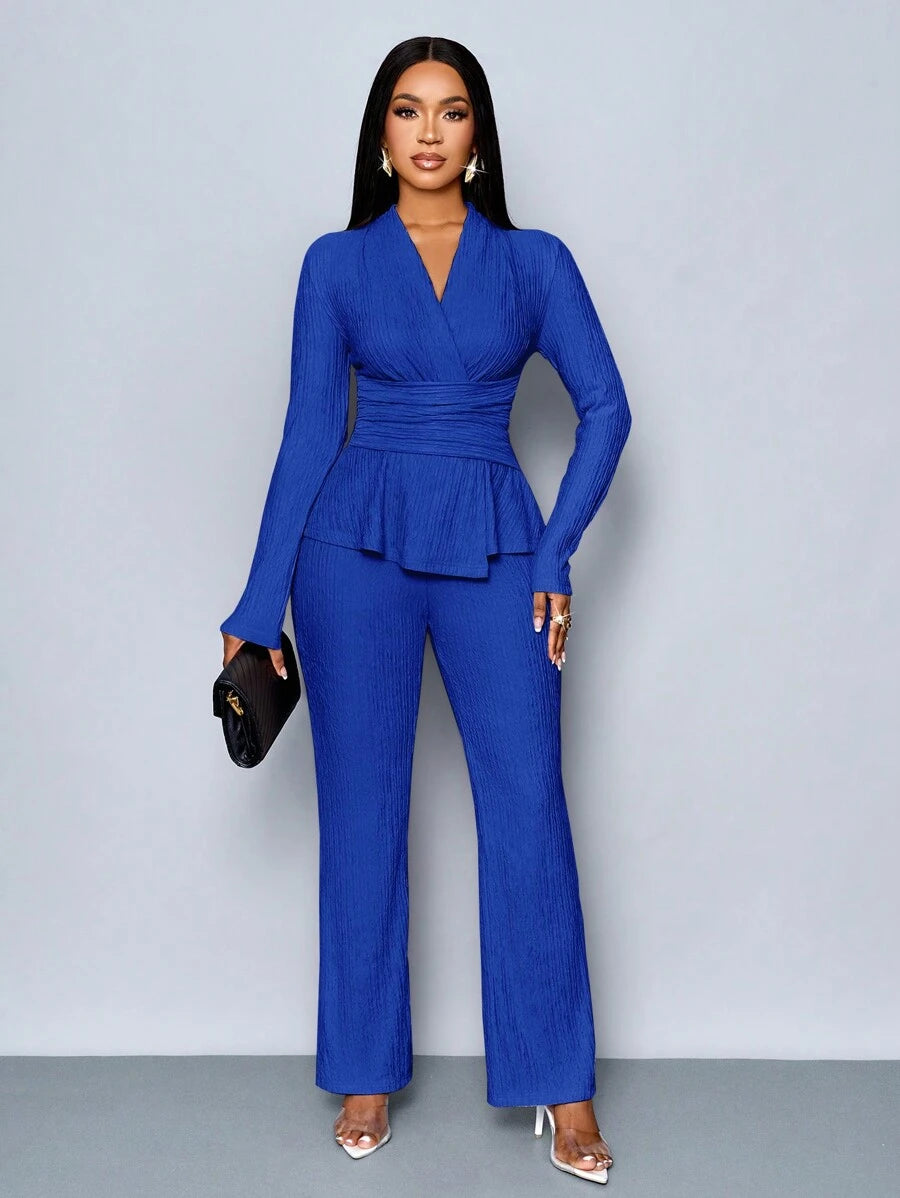 Women’s V-Neck Long Sleeve Top and Wide Leg Pants Set