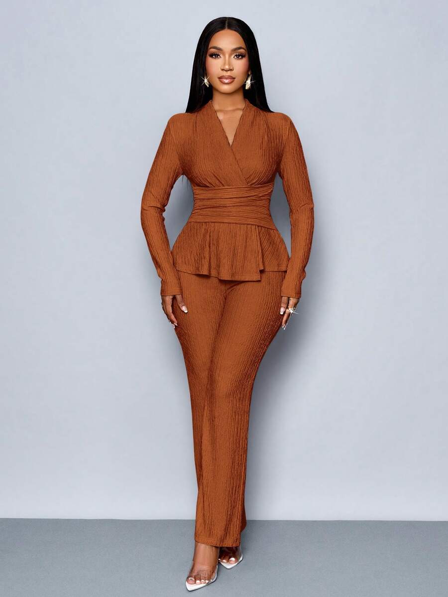 Women’s V-Neck Long Sleeve Top and Wide Leg Pants Set