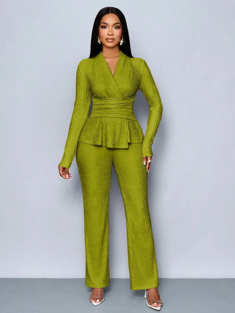 Women’s V-Neck Long Sleeve Top and Wide Leg Pants Set