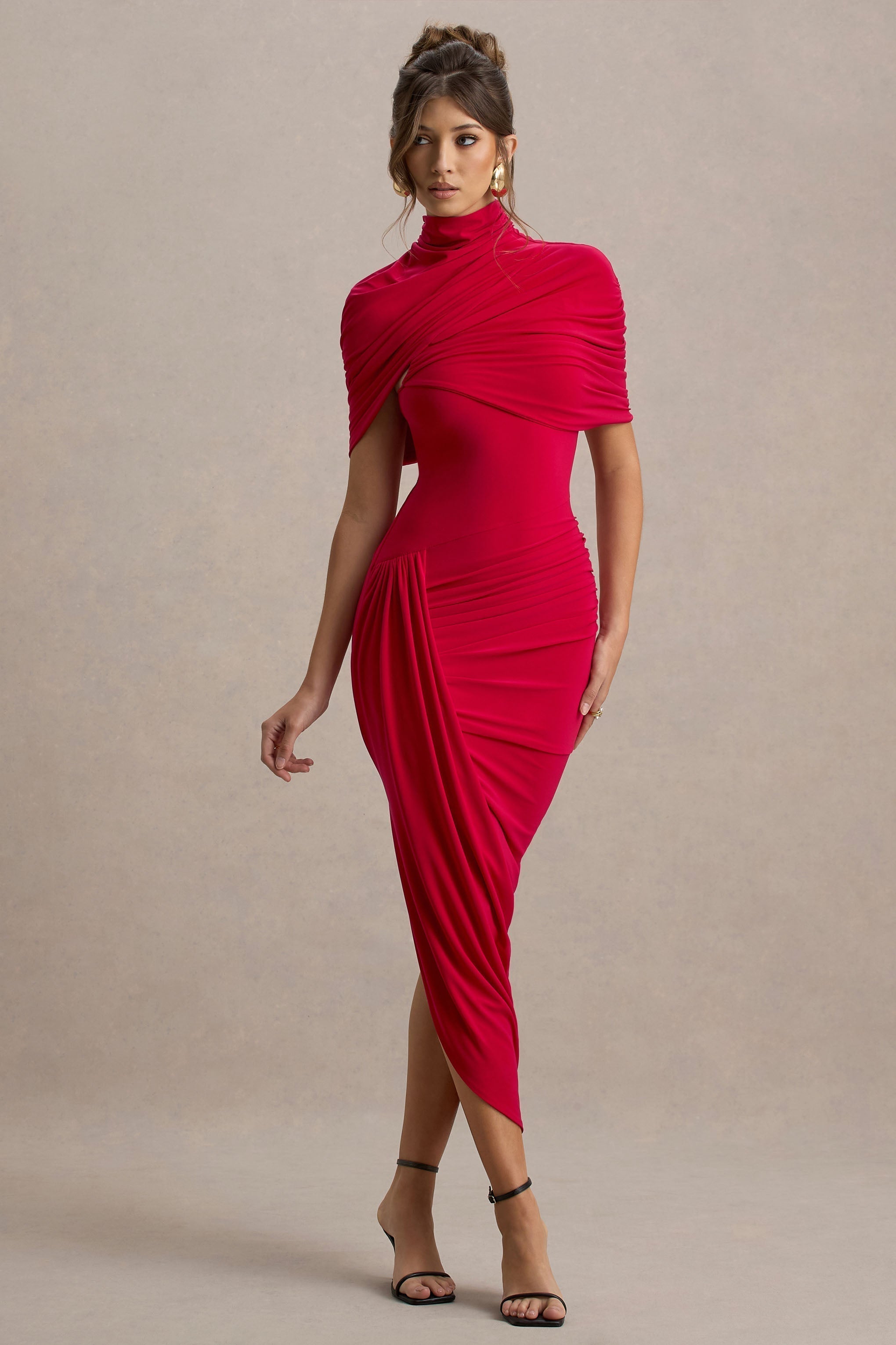 Figure-Hugging Midi Dress with Stand Collar & Cape Detail