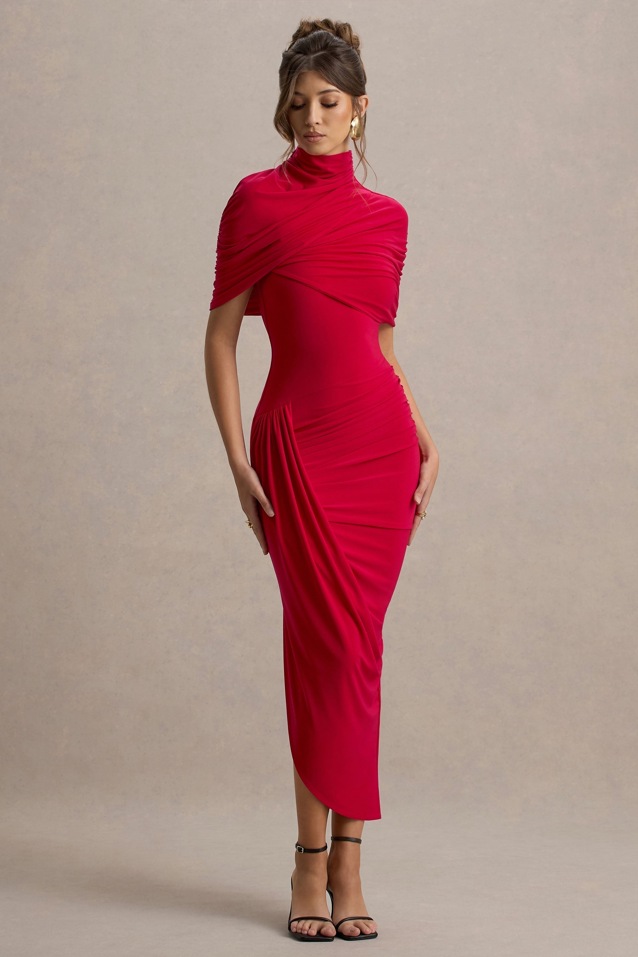 Figure-Hugging Midi Dress with Stand Collar & Cape Detail