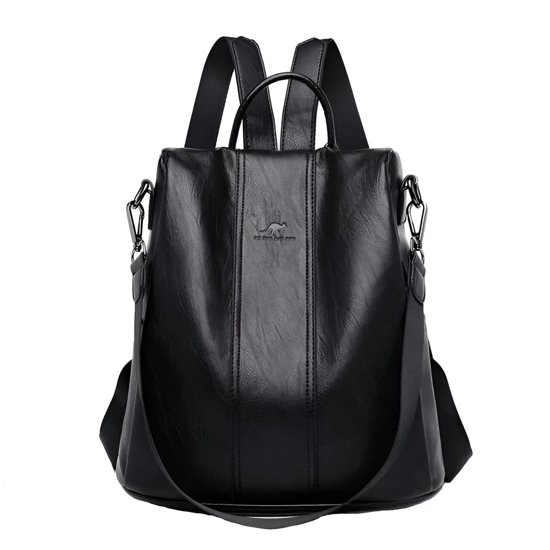 Black vegan leather convertible backpack handbag - front view showing 2-in-1 design