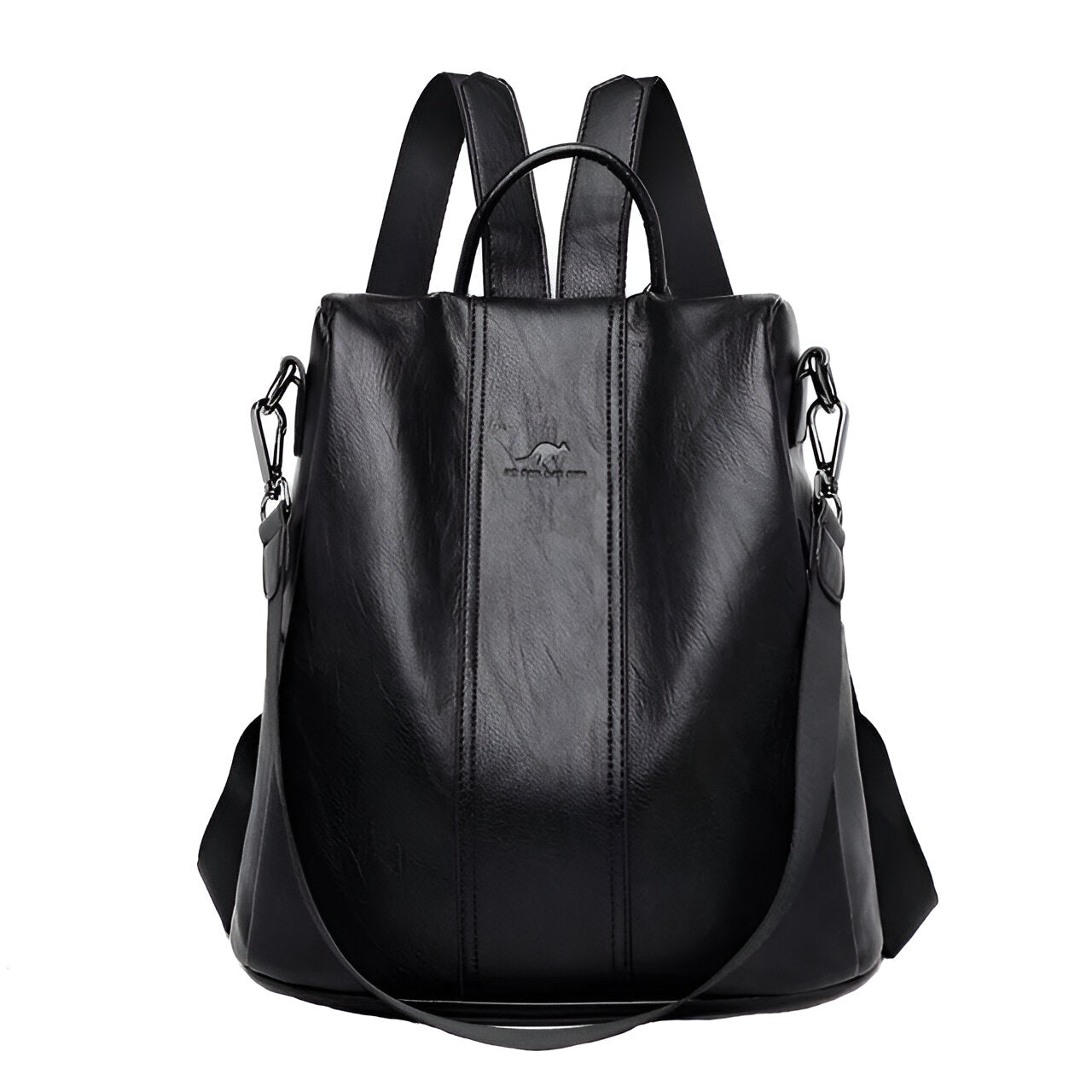 Black vegan leather convertible backpack handbag - front view showing 2-in-1 design