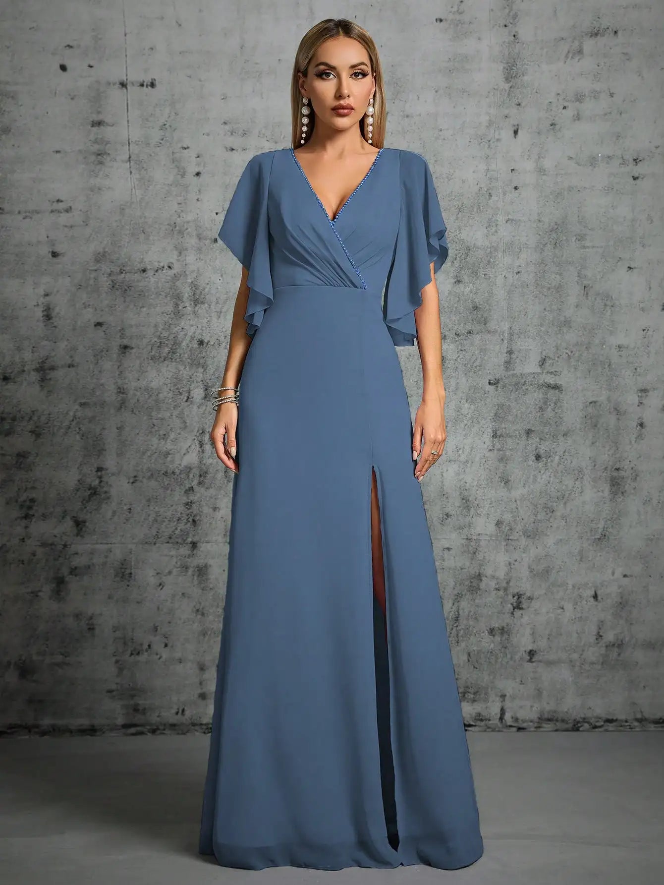 Beaded Collar Flared Sleeve Pleated Chiffon Evening Gown