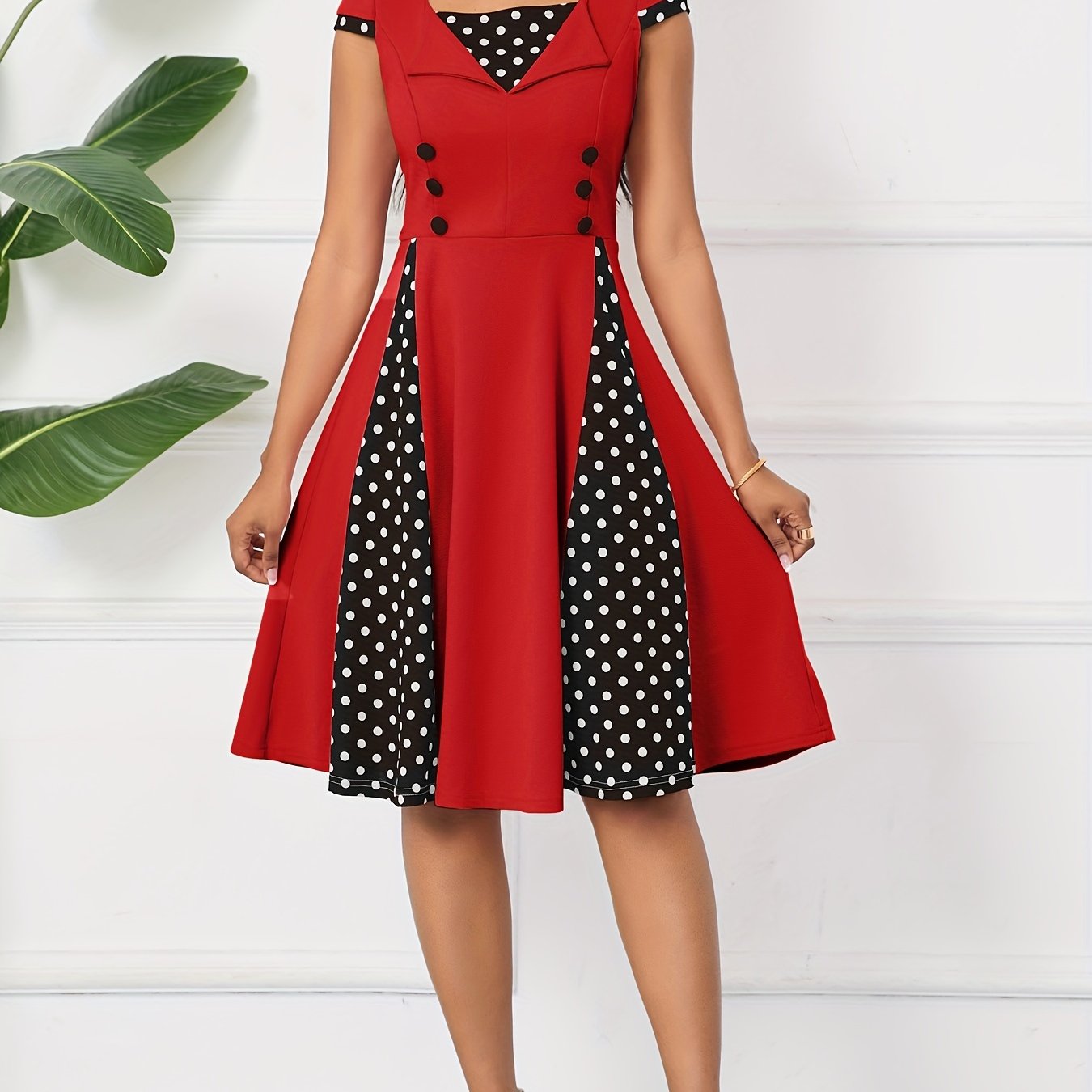Women’s Polka Dot A-Line Dress – Square Neck with Decorative Buttons