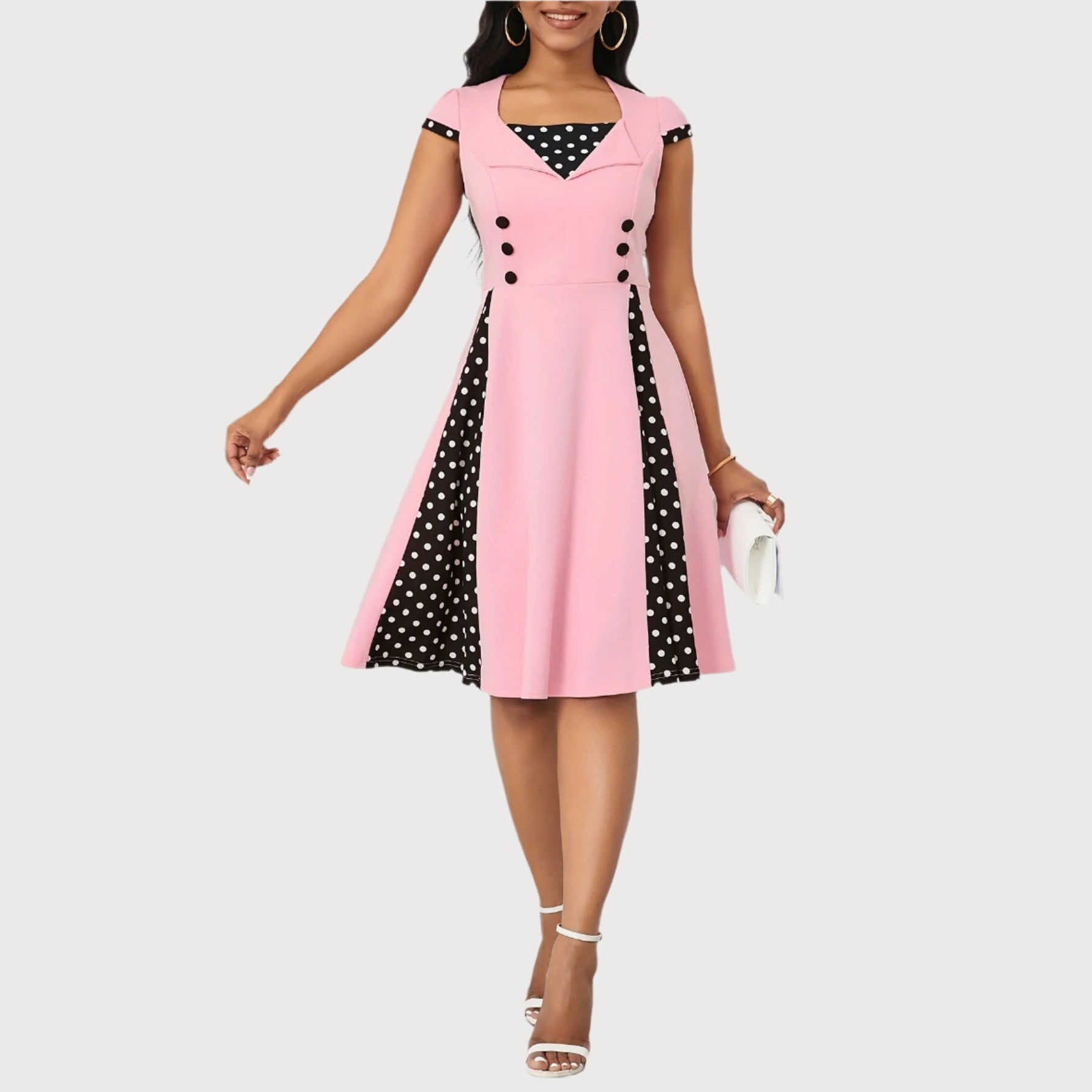 Women’s Polka Dot A-Line Dress – Square Neck with Decorative Buttons