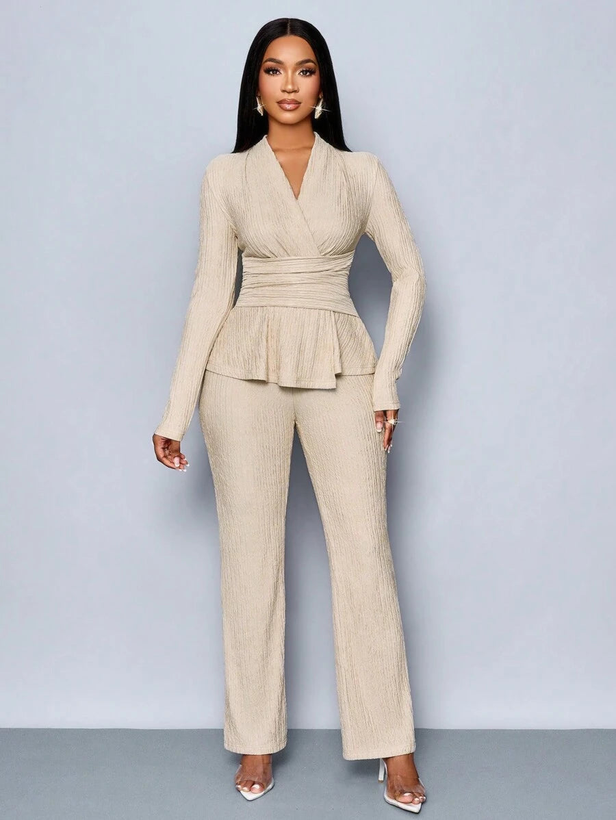Women’s V-Neck Long Sleeve Top and Wide Leg Pants Set