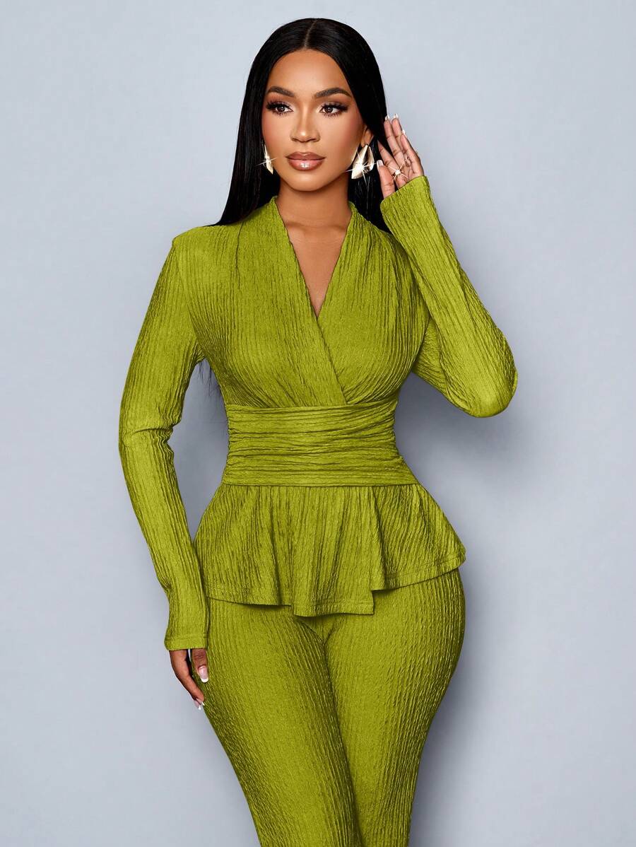 Women’s V-Neck Long Sleeve Top and Wide Leg Pants Set