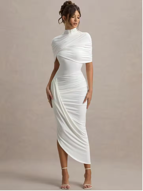 Figure-Hugging Midi Dress with Stand Collar & Cape Detail